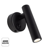 Zwarte LED wandlamp met schakelaar, cilindervormig ontwerp en 4000K neutraal wit licht – schuin vooraanzicht.