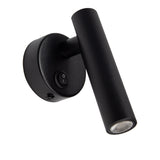 Zwarte moderne LED wandlamp met aan/uit schakelaar, cilindrisch ontwerp en verstelbare spotkop, schuin vooraanzicht.