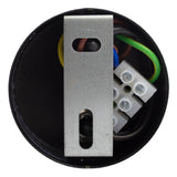 Bovenzicht van een ronde zwarte plafondmontagedoos met metalen beugel, elektrische draden en een witte lasklem voor aansluiting van verlichting.