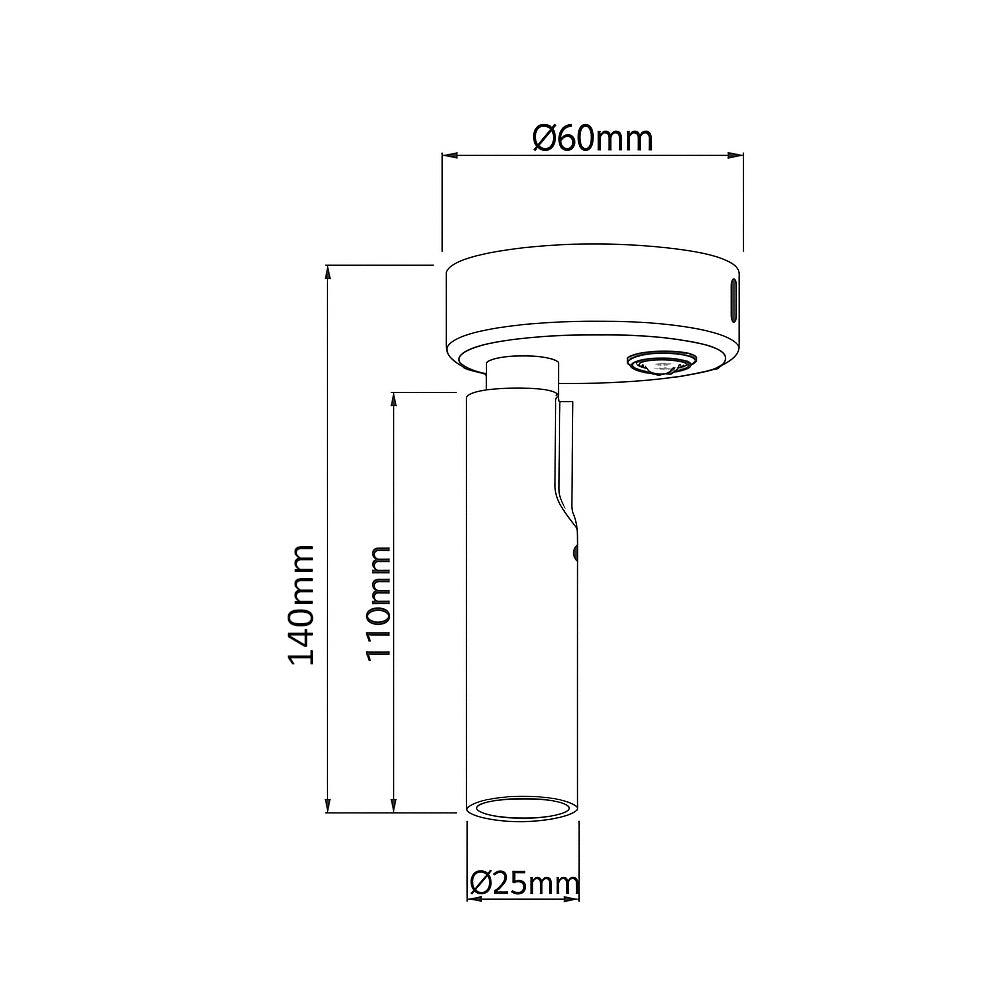 Technische lijntekening van een cilindrische plafondspot met verstelbare kop, vooraanzicht met afmetingen: hoogte 140 mm, lengte armatuur 110 mm, plafondbevestiging Ø60 mm en spot Ø25 mm.