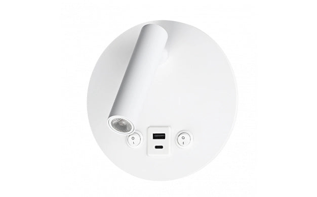 Wit ronde LED wandlamp met verstelbare spot, USB-aansluiting en schakelaars, bovenaanzicht.