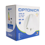 Productverpakking van de Optonica LED lamp 4200K 8W, model WL8-A6 (SKU: 7588), met voor- en zijkant zichtbaar; toont specificaties zoals lichtopbrengst van 700 lumen, kleurtemperatuur 4200K, USB-A en USB-C poorten, en energieklasse F.