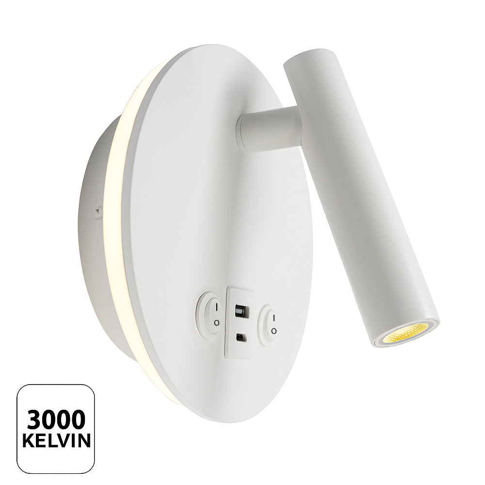 Wandlamp met leeslampje en USB-poort in mat witte afwerking, met 3000 Kelvin warm wit licht – schuin zijaanzicht toont ronde wandplaat met geïntegreerde schakelaars en cilinderarm voor gerichte verlichting.