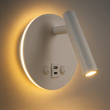 Close-up zijaanzicht van een moderne wandlamp met ronde wandplaat, geïntegreerde LED-leeslamp en sfeervolle achtergrondverlichting, uitgevoerd in mat wit met twee bedieningsknoppen en USB-aansluiting.