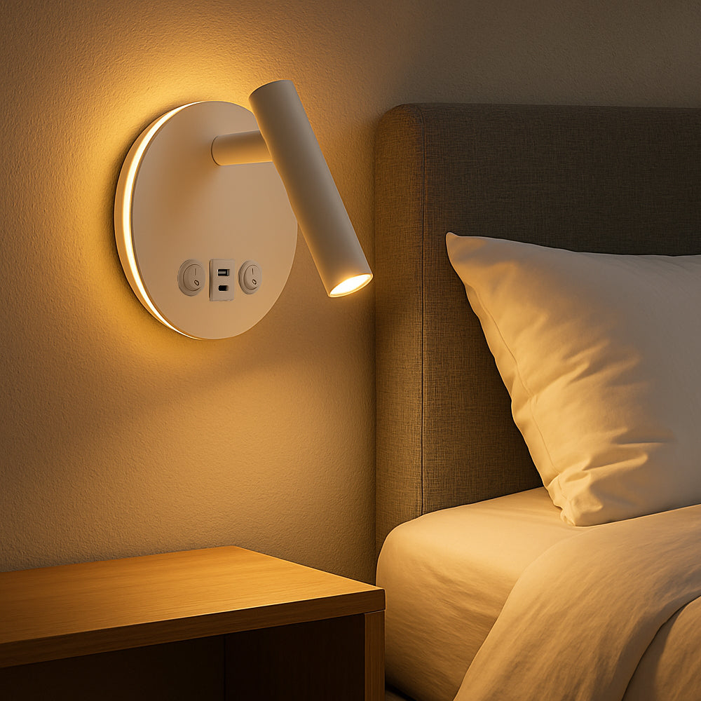 Moderne witte wandlamp met USB-aansluitingen en verstelbare leesarm, gemonteerd naast een bed in een slaapkamer, zijaanzicht met warme sfeerverlichting.