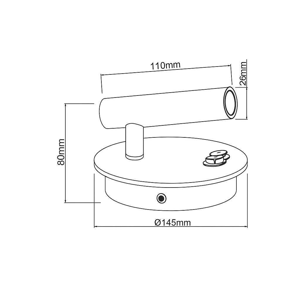 Technische lijntekening van een ronde plafondspot met verstelbare cilinderlamp, vooraanzicht met afmetingen: 145mm diameter, 80mm hoogte, lampbuis 110mm lang en 26mm diameter.