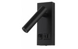 Zwarte wandlamp met verstelbare cilindervormige spot en geïntegreerde USB-poort en schakelaar, schuin vooraanzicht.