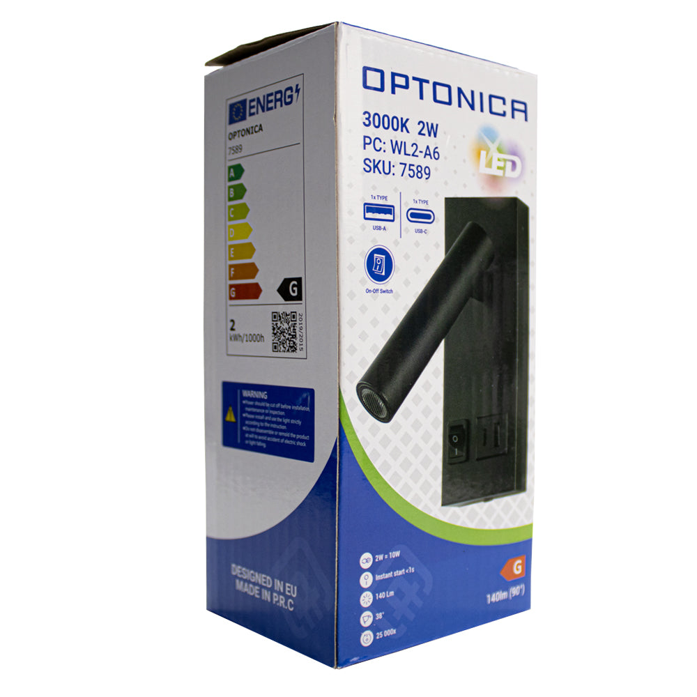 Productverpakking van de Optonica LED-lamp WL2-A6 3000K 2W (SKU: 7589), schuin vooraanzicht met zicht op specificaties zoals energieverbruik, lichtopbrengst en aansluitmogelijkheden (USB-A en USB-C).