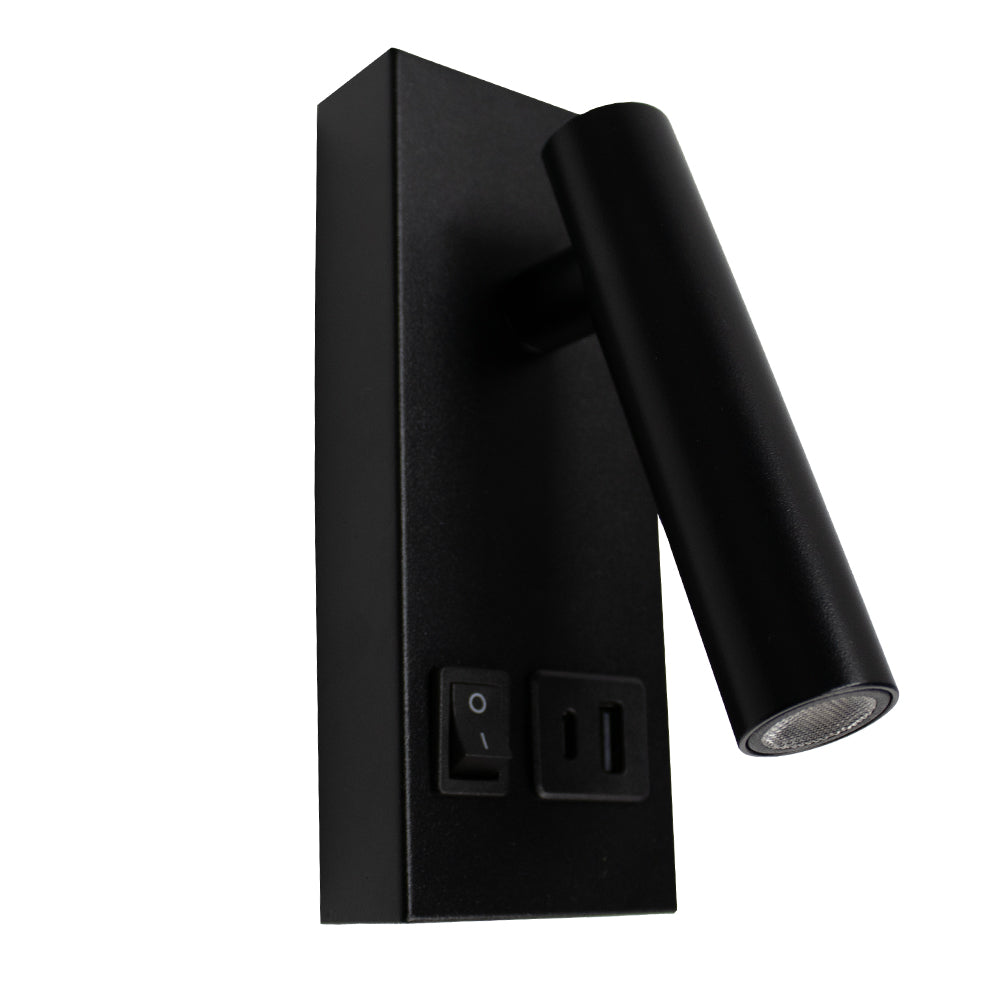 Zwarte wandspot met schakelaar en USB-aansluiting, moderne leeslamp in rechte zijaanzicht tegen witte achtergrond.