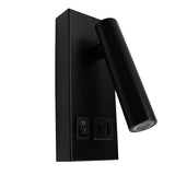 Zwarte wandspot met schakelaar en USB-aansluiting, moderne leeslamp in rechte zijaanzicht tegen witte achtergrond.