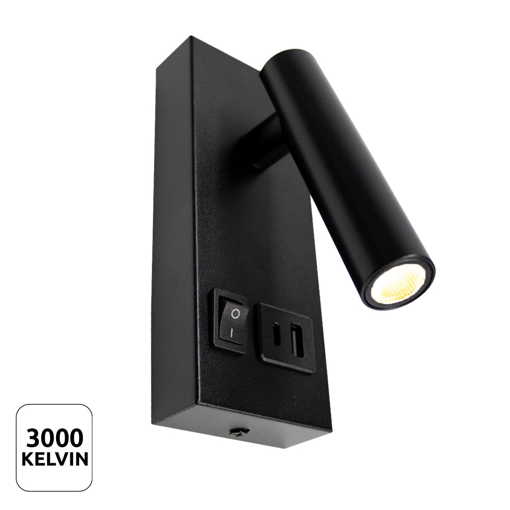 Zwarte wandlamp met verstelbare LED-leeslamp, schakelaar en stopcontact, vooraanzicht met lichtkleur van 3000 Kelvin.