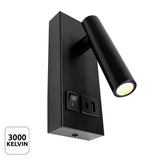 Zwarte wandlamp met verstelbare LED-leeslamp, schakelaar en stopcontact, vooraanzicht met lichtkleur van 3000 Kelvin.