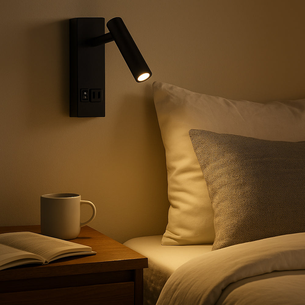 Zijaanzicht van een moderne zwarte wandlamp met verstelbare leesarm, gemonteerd boven een nachtkastje naast een bed met neutraal beddengoed; sfeervolle verlichting benadrukt de warme en functionele slaapkamerinrichting.