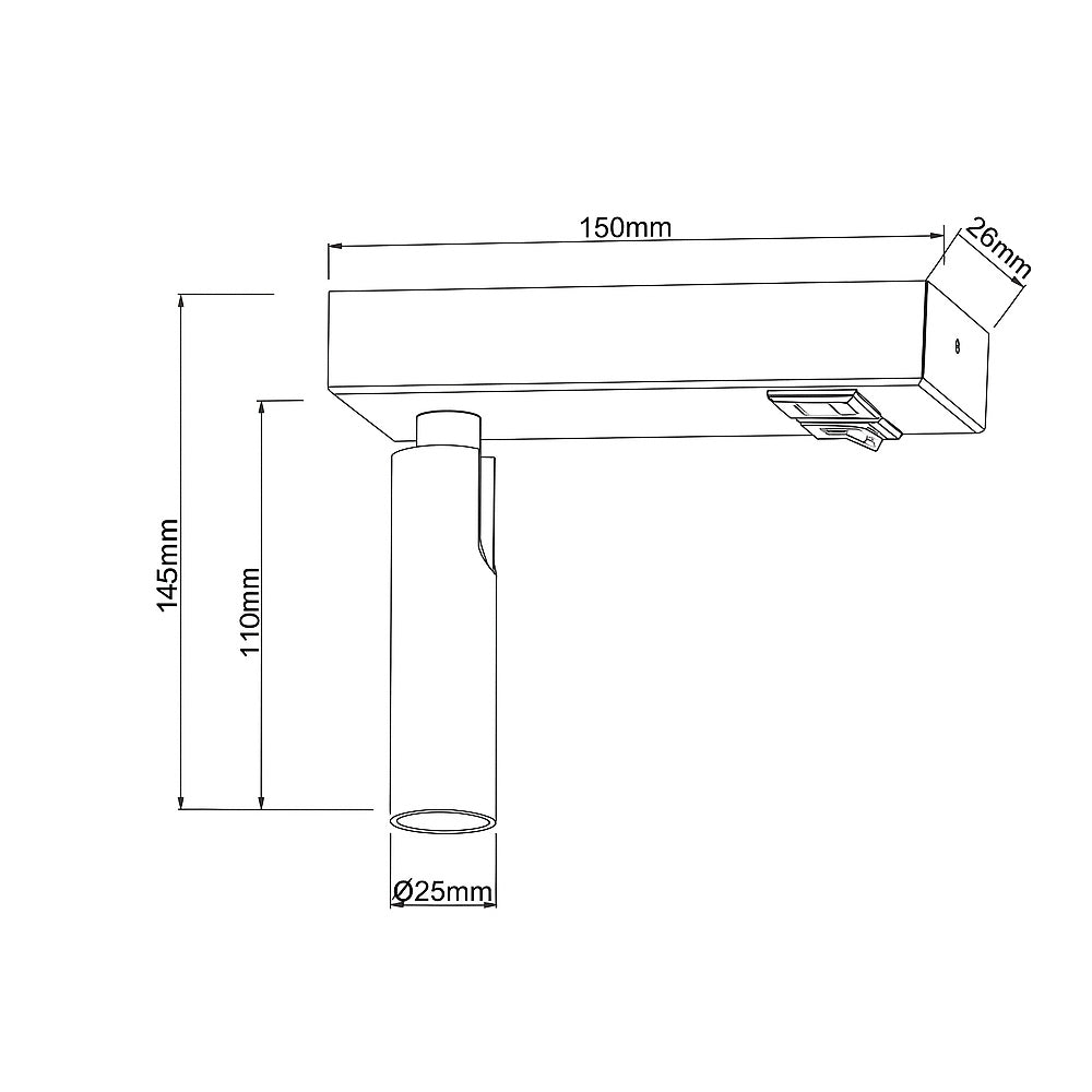 Technische lijntekening van een railspot met afmetingen, zijaanzicht van de lampbehuizing met cilindrische spot van Ø25mm, hoogte 145mm en railbevestiging van 150mm lengte.