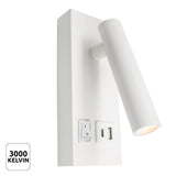 Wandlamp met leesarm en geïntegreerde USB-poort in mat witte afwerking, 3000 Kelvin warm wit licht – schuin zijaanzicht.