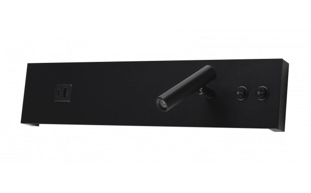 Zwarte wandlamp met leeslampje, USB-poort en dubbele schakelaar – schuin vooraanzicht links.