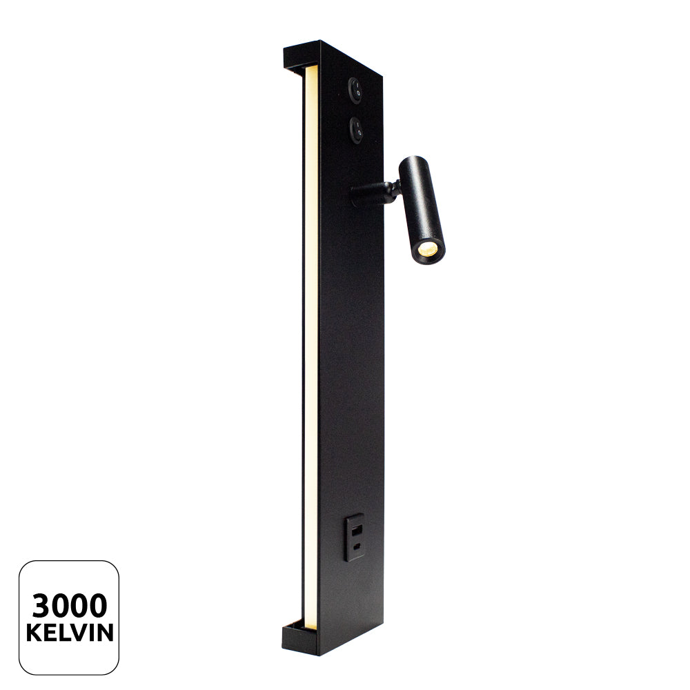 Zwart moderne wandlamp met geïntegreerde leeslamp en USB-aansluiting, warm wit licht 3000K – schuin zijaanzicht.