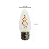 Heldere afbeelding van een LED filament lamp in kaarsvorm met E27 fitting, met afmetingen 103 mm hoogte en 37,5 mm breedte, frontaal aanzicht.