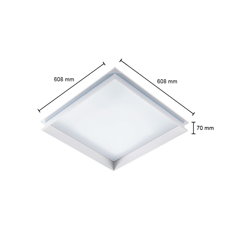 LED plafondpaneel 60x60 cm met opaal afdekking – onderaanzicht met afmetingen 608 mm x 608 mm en hoogte van 70 mm.