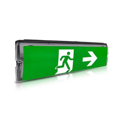LED nooduitgangsverlichting met pictogram van rennende man en pijl naar rechts, schuin vooraanzicht.