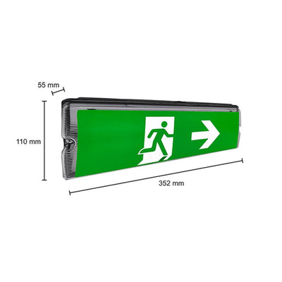 LED noodverlichting armatuur met rechts wijzende vluchtweg pictogram, zijaanzicht met afmetingen 352 mm breed, 110 mm hoog en 55 mm diep.