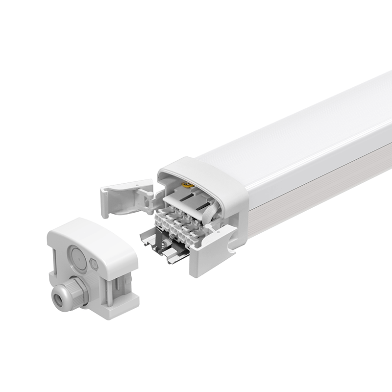 LED-linear armatuur met geopende eindkap en zichtbare interne bekabeling, schuine vooraanzicht.