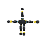 Exploded view van een waterdichte elektrische verbindingsdoos met meerdere kabelinvoeren, zwarte behuizing en gele afdichtingen, weergegeven vanuit een bovenaanzicht tegen een witte achtergrond.