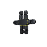 Waterdichte elektrische T-vormige kabelconnector met meerdere ingangen, IP68, zwart kunststof, geschikt voor buitentoepassingen – vooraanzicht productfoto tegen witte achtergrond.