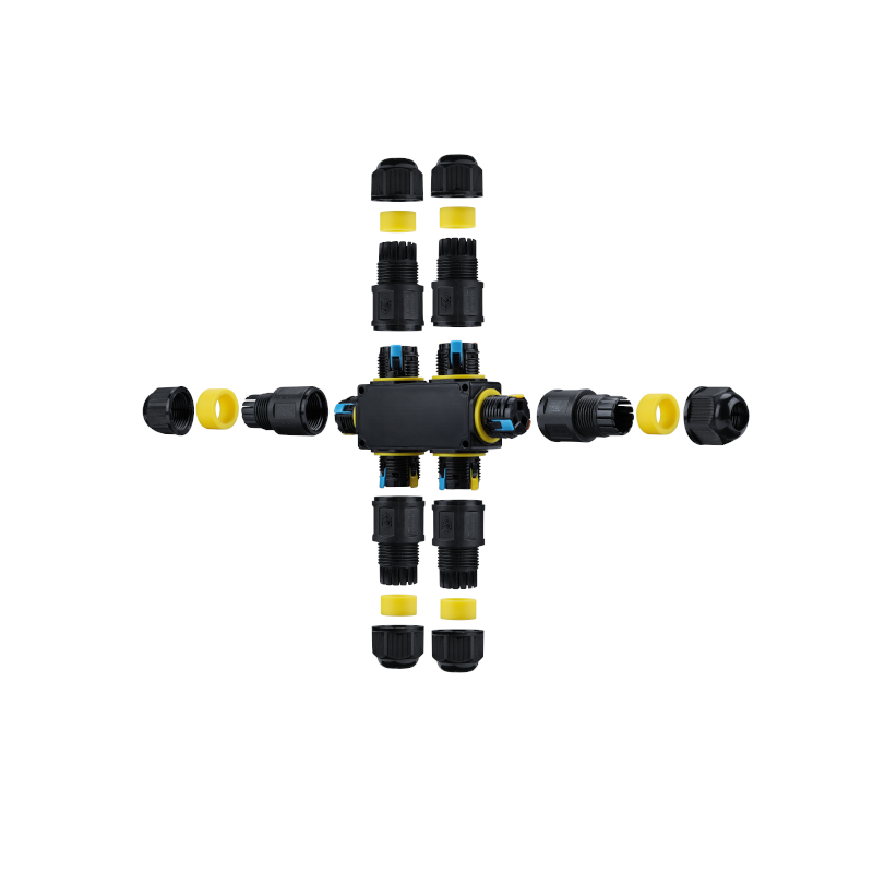 Waterdichte kabeldoos IP68 met meervoudige kabelinvoer, modulair ontwerp in uit elkaar gehaalde bovenaanzichtweergave, geschikt voor elektrische buitentoepassingen.