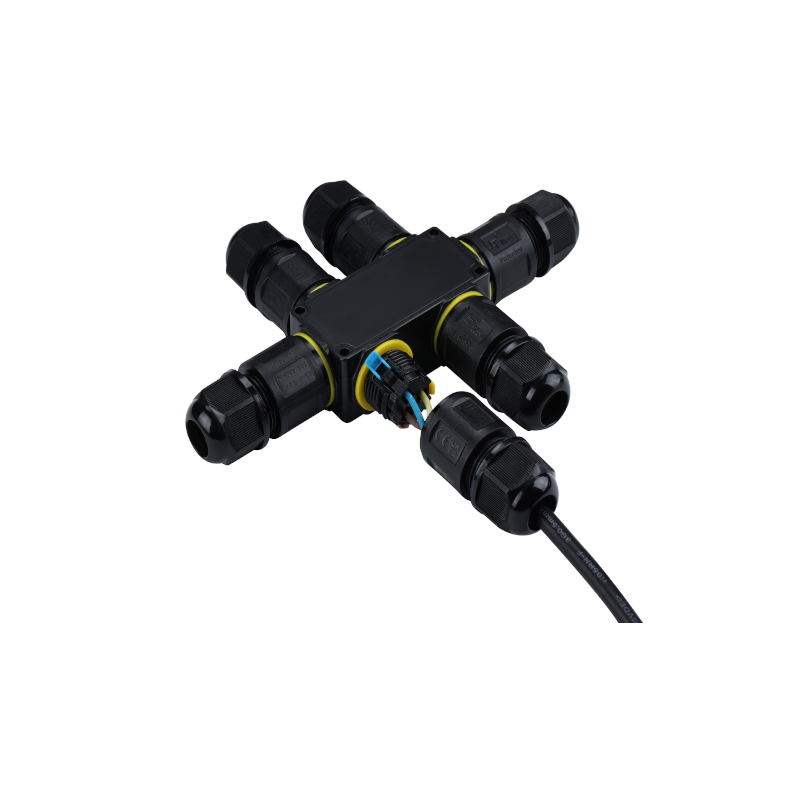 Waterdichte elektrische kabelverbindingsdoos met vijfwegverbinding in kruisvorm, zwart kunststof ontwerp met wartels en gele afdichtringen, diagonaal bovenaanzicht.