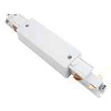 Wit kunststof 1-fase railverlichting connector – rechte verbindingsstuk, schuin bovenaanzicht, met zicht op koperen stroomgeleiders en montagepunten.
