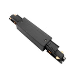 Zwart 3-fase railverlichting koppelstuk – bovenaanzicht van een recht verbindingsstuk met zichtbare koperen geleiders en aansluitpunten.