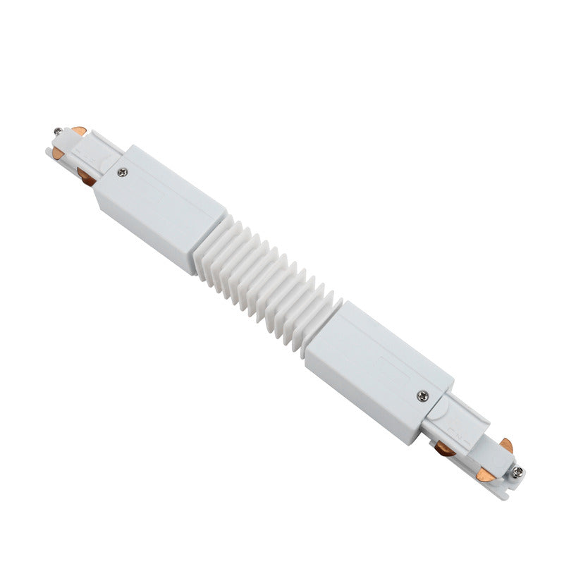 Witte flexibele railverbindingsstuk voor 1-fase railsysteem, schuin bovenaanzicht, geschikt voor het verbinden van twee raildelen in variabele hoeken voor trackverlichting.