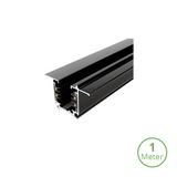 Zwart 3-fase inbouw spanningsrail van 1 meter, schuin vooraanzicht met zichtbare koperen geleiders.