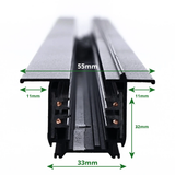 Close-up vooraanzicht van een zwart 3-fase railverlichtingsprofiel met afmetingen 55mm breed, 33mm diep, 32mm hoogte rail en 11mm zijkantbreedte, geschikt voor inbouwmontage.