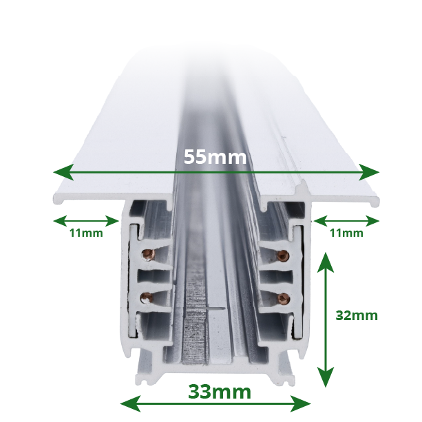 Vooraanzicht van een aluminium LED strip profiel met afmetingen 55mm breed, 33mm binnenbreedte, en 32mm hoogte, inclusief zijwaartse marges van 11mm – geschikt voor inbouwtoepassingen bij LED verlichting.