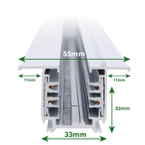 Vooraanzicht van een aluminium LED strip profiel met afmetingen 55mm breed, 33mm binnenbreedte, en 32mm hoogte, inclusief zijwaartse marges van 11mm – geschikt voor inbouwtoepassingen bij LED verlichting.