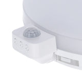 Close-up zijaanzicht van een ronde LED plafondlamp met geïntegreerde bewegingssensor en instelknoppen voor tijd, licht en gevoeligheid – ideaal voor gang, trap of halverlichting.