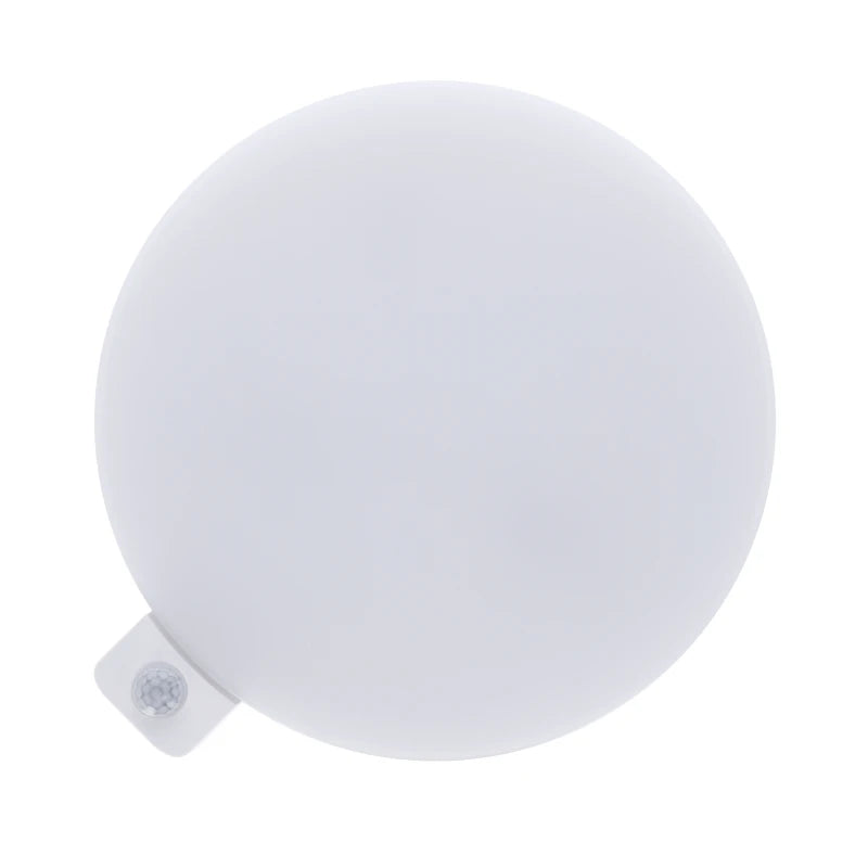 Ronde LED plafonnière met bewegingssensor in wit, bovenaanzicht.