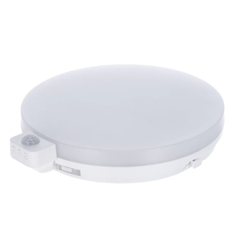 Ronde LED plafondlamp met bewegingssensor, wit, schuine zijaanzicht met zicht op de sensor en bedieningsknoppen aan de zijkant.
