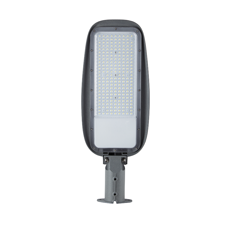 LED straatlamp in zwart armatuur, rechte vooraanzichtweergave, met meerdere kleine LED's achter een transparante afdekking en montagebeugel aan de onderzijde.