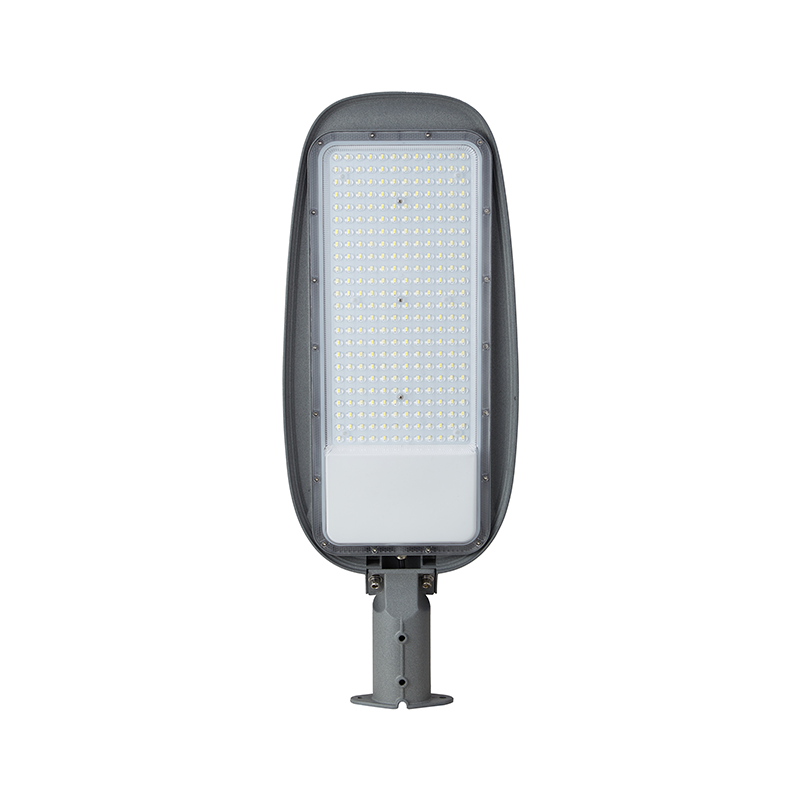 LED straatverlichting armatuur met grijze behuizing, vooraanzicht, voorzien van een groot aantal LED-lampjes en een bevestigingspaal voor montage op een lantaarnpaal.