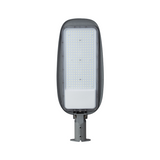 LED straatverlichting armatuur met grijze behuizing, vooraanzicht, voorzien van een groot aantal LED-lampjes en een bevestigingspaal voor montage op een lantaarnpaal.