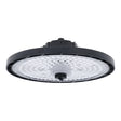 Industriële LED high bay lamp met ronde vorm, zwart frame en meerdere LED-lenzen, onderaanzicht.