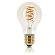 Vintage LED filament lamp met E27 fitting, rechte vooraanzicht, zichtbaar spiraalvormig filament en warm witte gloed in klassieke gloeilampvorm.