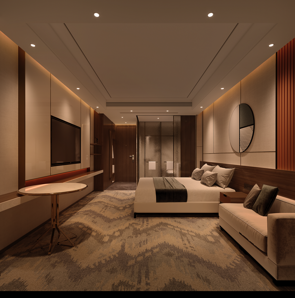 Luxe hotelkamer interieur met modern design, warme verlichting, tweepersoonsbed, zitbank, grote flatscreen-tv en decoratieve wandspiegel — vooraanzicht van een stijlvolle en comfortabele slaapkamer.