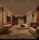 Luxe hotelkamer interieur met modern design, warme verlichting, tweepersoonsbed, zitbank, grote flatscreen-tv en decoratieve wandspiegel — vooraanzicht van een stijlvolle en comfortabele slaapkamer.