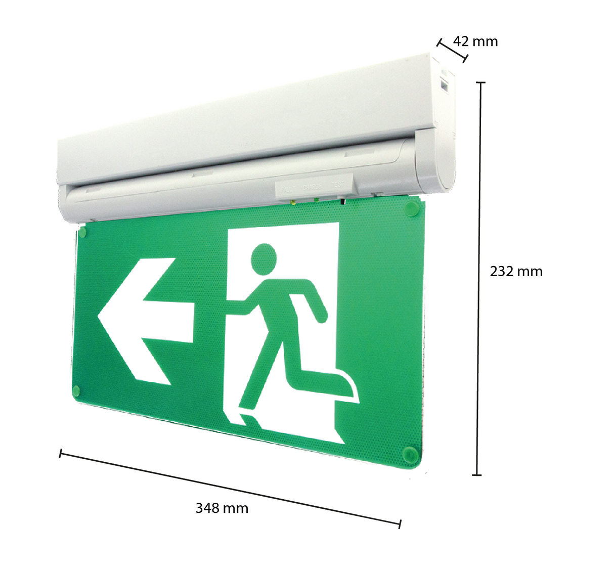 Nooduitgangsverlichting met linksaf wijzend pictogram, afmetingen 348 mm breed, 232 mm hoog en 42 mm diep, schuin vanonder bekeken aanzicht.