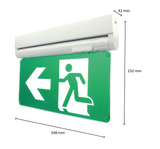 Nooduitgangsverlichting met linksaf wijzend pictogram, afmetingen 348 mm breed, 232 mm hoog en 42 mm diep, schuin vanonder bekeken aanzicht.