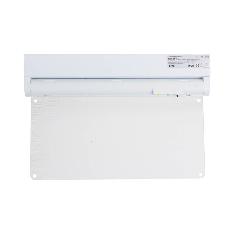 Witte LED-noodverlichting met transparant afschermpaneel, vooraanzicht.